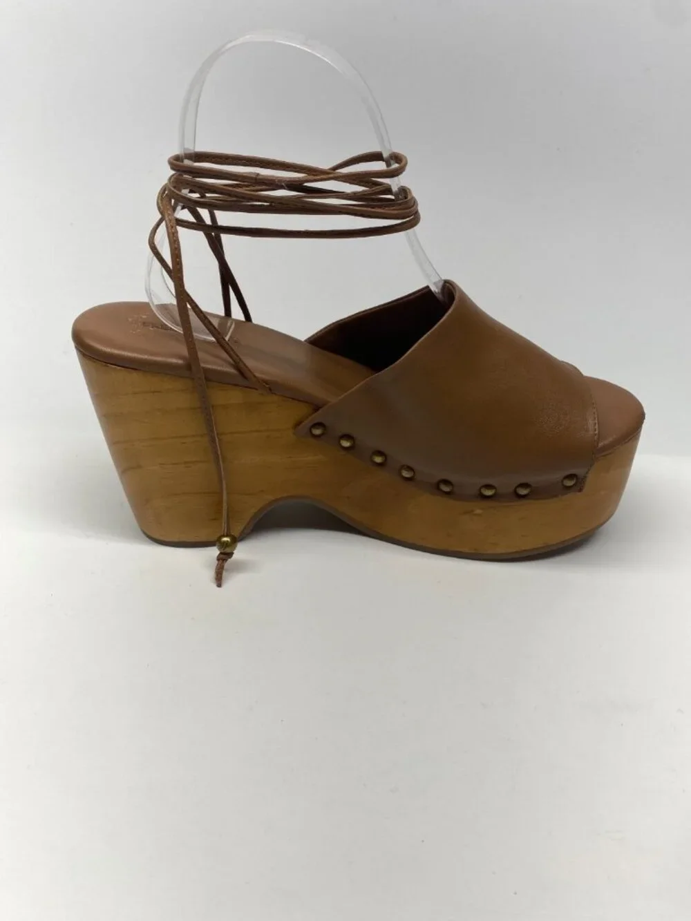 Free People Womens Front Row Wrap Clogs Luggage Leather Brown Platform Wedge 9.5